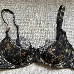 Agent Provocateur Black and Gold Satin and Lace Lightly Padded Underwire Bra 34B